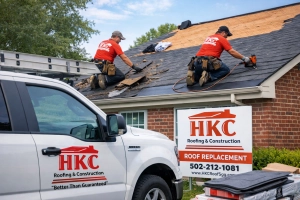 Two HKC Roofing and Construction workers installing new shingles on a residential roof with HKC company truck and roof replacement yard sign in the foreground