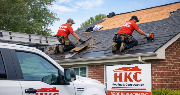 HKC Roofing and Construction crew completing a residential roof replacement with company truck and signage in Louisville, KY